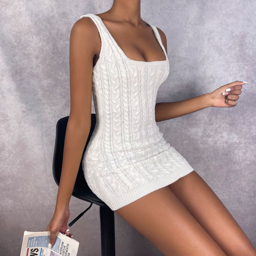 Color-Sexy Slim Fit White Suspender Sweater Sheath Dress Dress Knitted Bottoming-Fancey Boutique