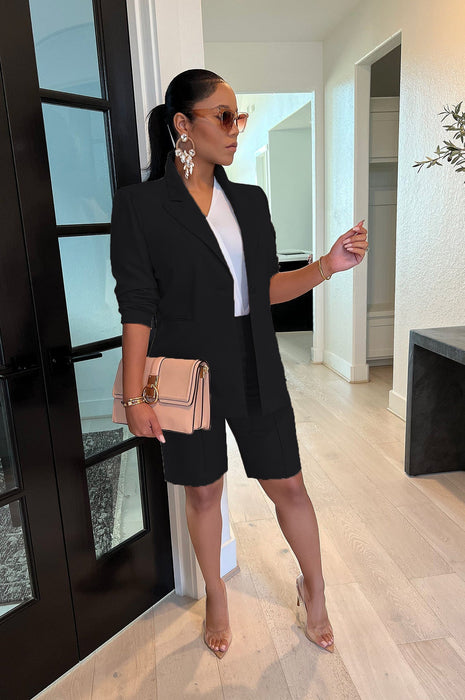 Color-Black-Women Clothing Blazer Shorts Two Piece Suit Spring Summer Casual Suit-Fancey Boutique