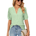 Color-Light Green-Summer Casual V Neck Solid Color Hollow Out Cutout Puff Sleeve Loose Fitting T Shirt Top Women-Fancey Boutique
