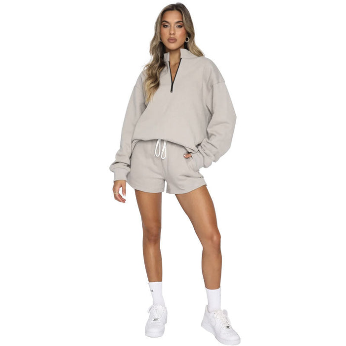 Color-Light Gray-Autumn Winter Solid Color Stand Collar Zipper Pullover Long Sleeve Sweater Women Shorts Set-Fancey Boutique