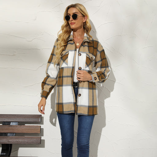 Color-Autumn Winter Women Clothing Collared Plaid Color Matching Single Breasted Woolen Casual Coat for Women-Fancey Boutique