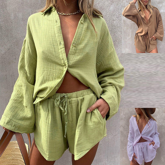 Color-Women Clothing Loose Long Sleeve Shirt Casual Shorts Two-Piece Suit-Fancey Boutique