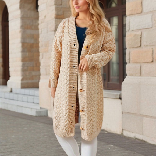 Color-Autumn Winter Solid Color Loose Lengthened Single Breasted Twist V neck Knitted Sweater Cardigan Coat-Fancey Boutique