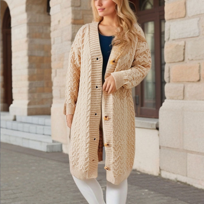 Color-Autumn Winter Solid Color Loose Lengthened Single Breasted Twist V neck Knitted Sweater Cardigan Coat-Fancey Boutique