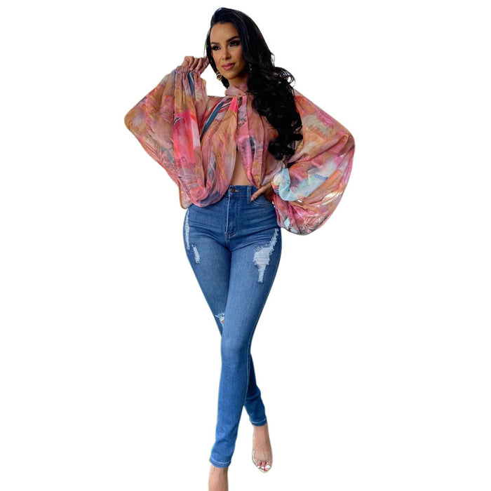 Color-Pink-Casual round Neck Loose Long Sleeves Top Digital Printed Women-Fancey Boutique