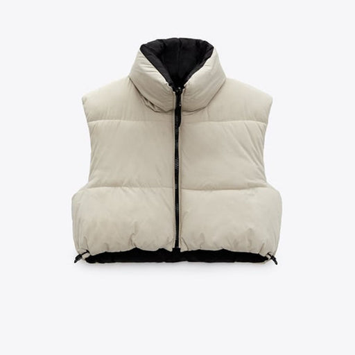 Color-Sand-Winter High Neck Short Cotton Coat Vest Reversible Cotton Padded Coat Vest-Fancey Boutique