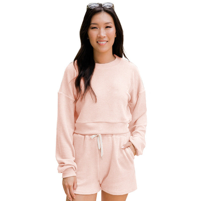 Color-Pink-Autumn Winter Solid Color round Neck Pullover Long Sleeve Sweater Women Casual Shorts Suit-Fancey Boutique