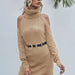 Color-Khaki-Mid-Length Sweater Women Fall Winter High Neck Pullover Dress Sweater no belt-Fancey Boutique