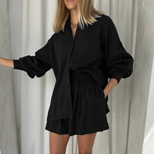 Color-Black-Summer French White Jacquard Cotton Puff Sleeve Casual Shorts Suit Ladies Homewear Cool Pajamas-Fancey Boutique