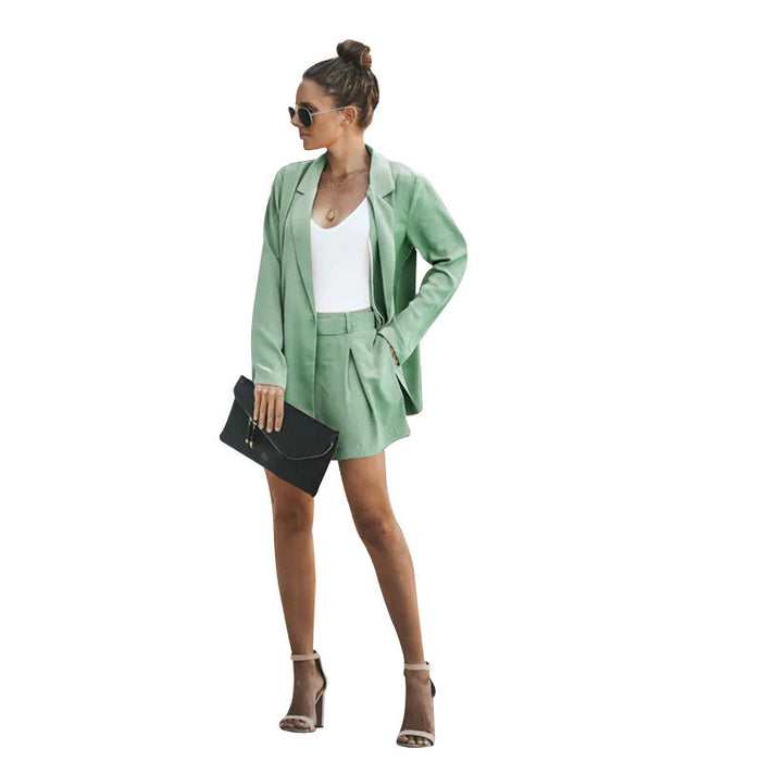 Color-Green-Women Clothing Spring Autumn Simple Collared Small Suit Long Sleeve Two-Piece Suit Casual Shorts Suit-Fancey Boutique