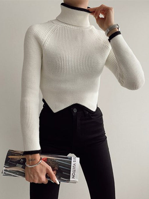 Color-Long Sleeve Turtleneck Skinny Knit Bottoming Shirt Top Women Autumn Winter Short Contrast Color Slim Fit Slimming Sweater-Fancey Boutique