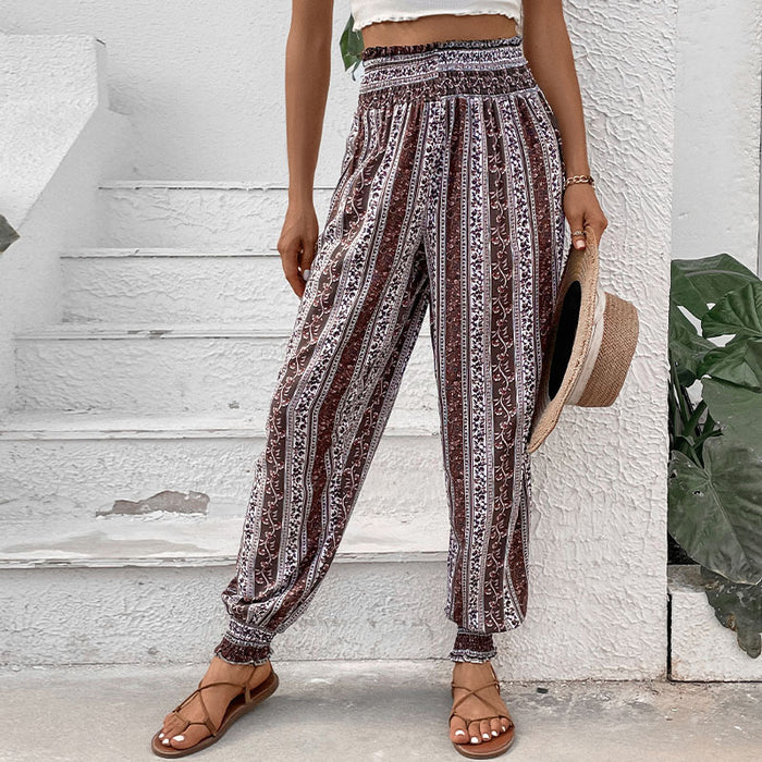 Color-Trousers Summer National Smocking High Waist Print Pants-Fancey Boutique