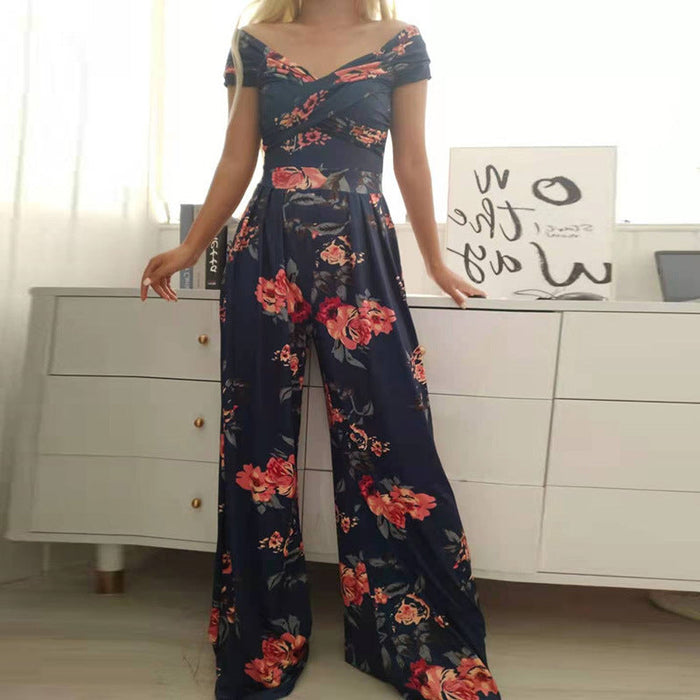 Color-Dark Blue Red Flower-Spring Autumn Women Clothing off Shoulder Printing Office Printed Waist Controlled Jumpsuit-Fancey Boutique