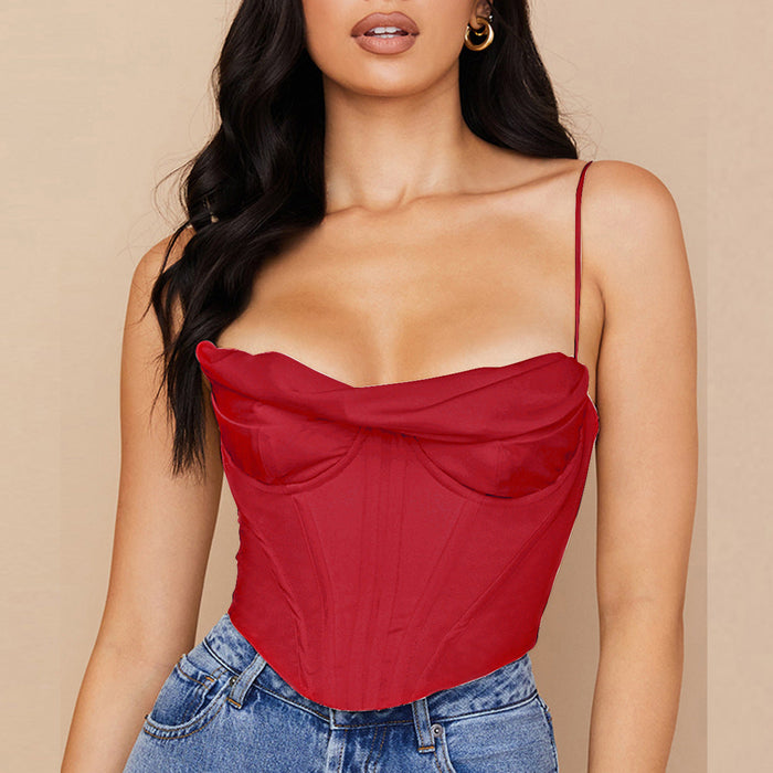 Color-Fall Women Clothing Sexy Pile Collar Satin Pleated Camisole Top for Women Boning Corset Boning Corset Corset Bandana-Fancey Boutique