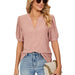 Color-Light Pink-Summer Casual V Neck Solid Color Hollow Out Cutout Puff Sleeve Loose Fitting T Shirt Top Women-Fancey Boutique