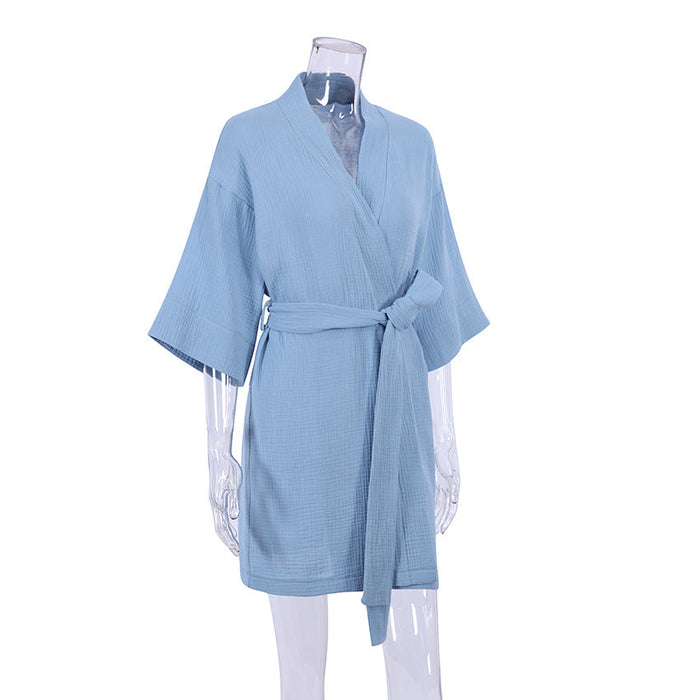 Color-Turquoise-Spring Pure Cotton Casual Home Nightgown Short Cardigan Double Layer Gauze Simple Women Pajamas-Fancey Boutique