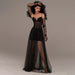 Color-Black Suspender Gold Sleeveless Mesh Pleating Patchwork Maxi Dress Women Clothing Sexy Dress-Fancey Boutique