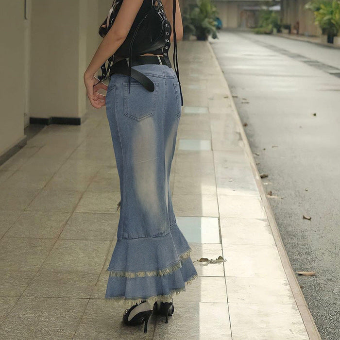 Color-Vintage Ruffled Denim Fishtail Skirt Women Sexy Retro Personality Hip Skirt Slim A Line Skirt No Belt-Fancey Boutique