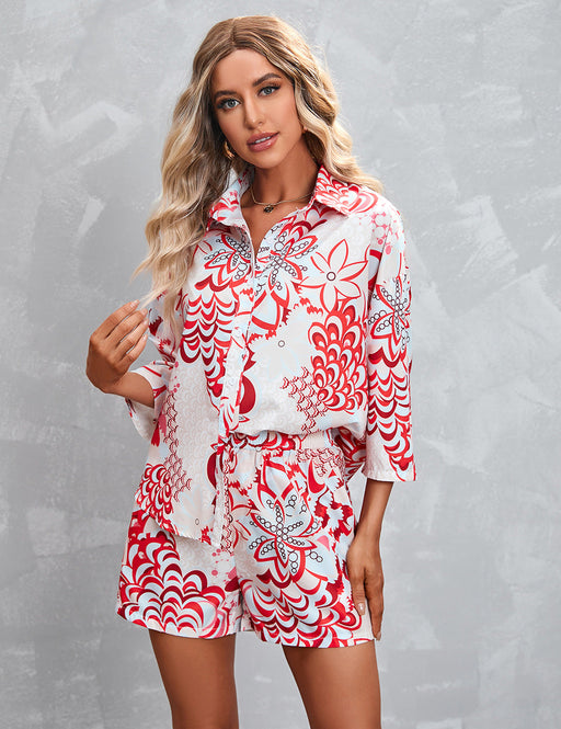 Color-Women Clothing Printed 3/4 Sleeves Shorts Casual Suit-Fancey Boutique