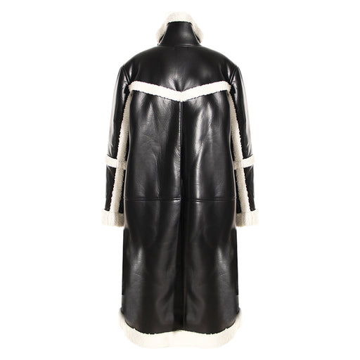 Color-Color Contrast Patchwork Coat Autumn Winter Thickening Fur Leather Overcoat Women Overknee Long Lamb Wool Stitching Loose Cotton Coat-Fancey Boutique