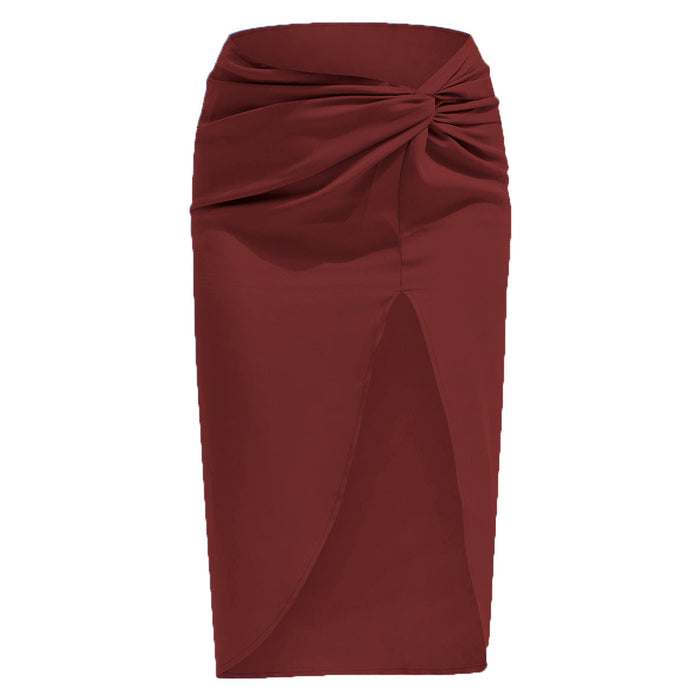 Color-Burgundy-High Waist French Twist Irregular Asymmetric Skirt Sexy Solid Color Satin Split Package Hip with a Zipper Long Skirt for Women-Fancey Boutique