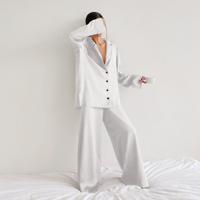 Color-White-Spring Summer Blue Thin Women Home Silk-like Solid Color Pajamas Ice Silk Loose Can Be Worn outside-Fancey Boutique