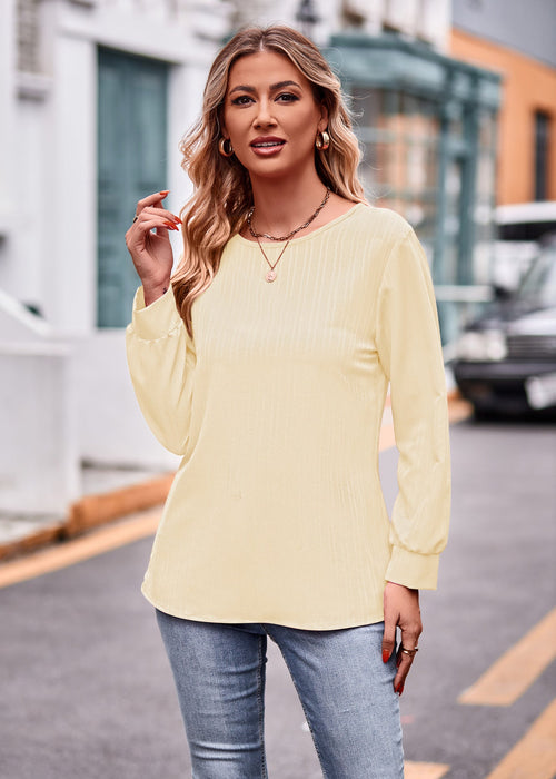 Color-Apricot-Autumn Women Clothing Solid Color Double Line Jacquard T shirt Long Sleeve Top-Fancey Boutique