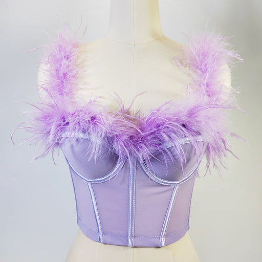 Color-Live Broadcast High Grade Ostrich Fur Super Fairy Boning Corset Tube Top Shaping Drawstring Slim Fit Bare Back Feather Sling-Fancey Boutique