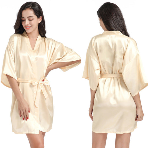 Color-Champagne Yellow-Ladies Robe Artificial Silk Satin Kimono Gown Glossy Solid Color Thin Cardigan Gown Summer Sexy Short Bathrobe-Fancey Boutique