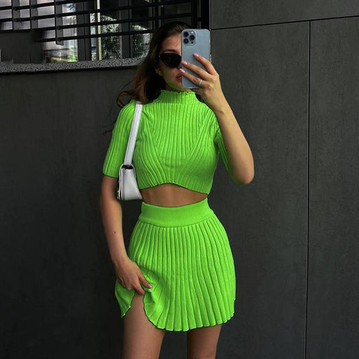 Color-Summer Elegant Sexy Slim Fit Sunken Stripe Knitted Skirt Short Sleeve Solid Color Set for Women-Fancey Boutique