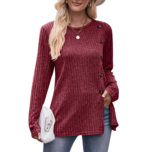 Color-Burgundy-Women Solid Color round Neck Sunken Stripe Brushed Slit Button T shirt-Fancey Boutique