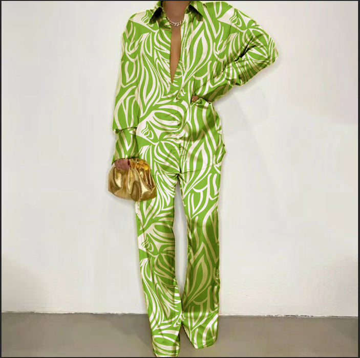 Color-Green-Autumn Winter Women Printed Casual Long Sleeve Shirt Loose Trousers Two Piece Suit-Fancey Boutique