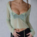 Color-Green-Women Clothing Summer Sexy See through Square Collar Tied Long Sleeves cropped Top-Fancey Boutique