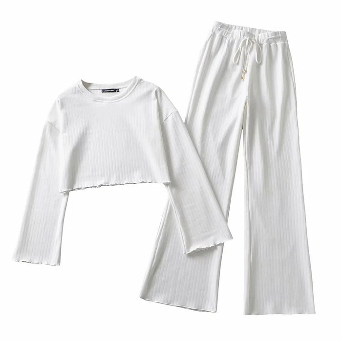 Color-White-O-neck Short Sweater High Waist Slimming Mop Bell-Bottom Pants Thread Casual Sports Two-Piece Set-Fancey Boutique