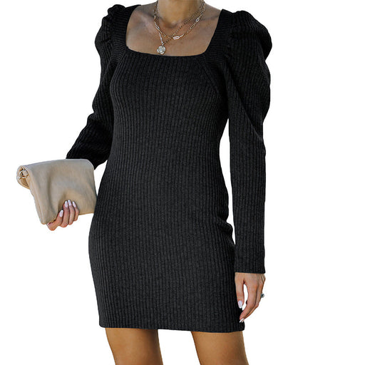 Color-Black-Solid Color Knitted Autumn Winter New Back Hollow Out Cutout out Strap Square Collar Dress Sweater-Fancey Boutique