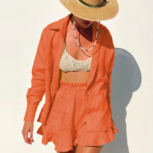 Color-Orange-Summer Women Long-Sleeve Shirts Loose Office Shorts Ruffled Party Design Suit-Fancey Boutique