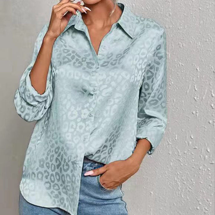 Color-Turquoise-Women Clothing Spring Autumn Long Sleeve Collared Elegant Satin Jacquard Leopard Print Shirt-Fancey Boutique