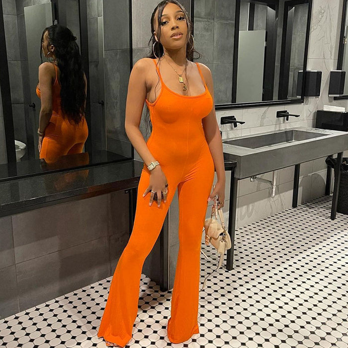 Color-Women Clothing Spring Sexy U Collar Backless Slim Fit Solid Color Sling Jumpsuit-Fancey Boutique