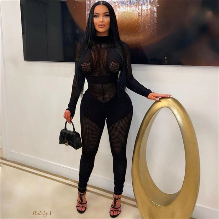 Color-Black-Summer Women Clothing Sexy round Neck Mesh See through Solid Color High Waist Tight One Piece Trousers for Women-Fancey Boutique