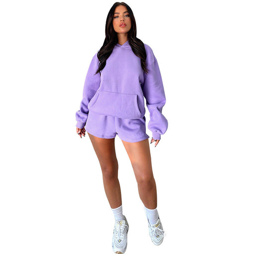 Color-Purple-Autumn Winter Solid Color Long-Sleeved Hooded Sweaters Women Clothing Two Piece Casual Shorts sets-Fancey Boutique
