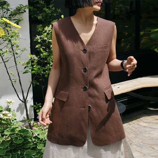 Color-V neck Vest Coat Linen Mid Length Cotton Linen Korean Retro Fashionable Slim Sleeveless Vest Cardigan Women-Fancey Boutique