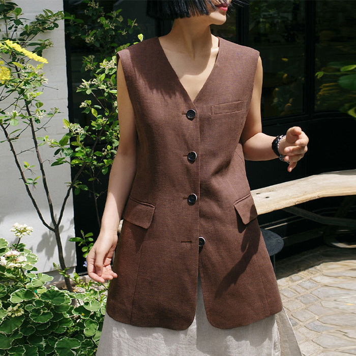 Color-V neck Vest Coat Linen Mid Length Cotton Linen Korean Retro Fashionable Slim Sleeveless Vest Cardigan Women-Fancey Boutique