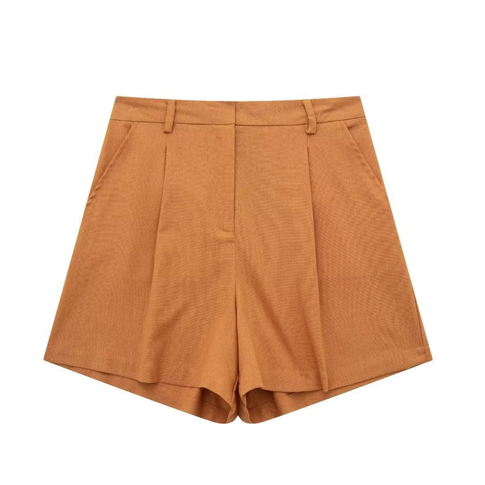 Color-Orange Shorts-Summer V neck Solid Color Single Breasted Vest High Waist Wide Leg Pants Shorts Suit-Fancey Boutique
