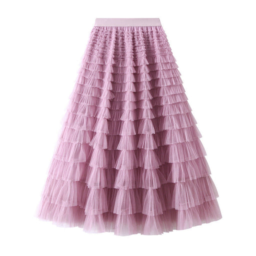 Color-Purple Pink-Mesh Tiered Skirt Women Spring Autumn Dress Fairy White Yarn Skirt Pleated-Fancey Boutique