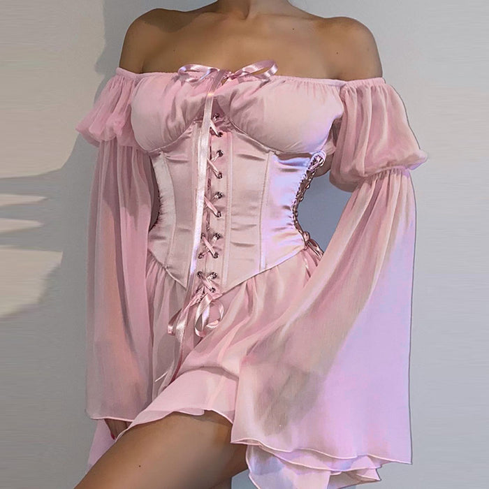Color-Chiffon off Shoulder Irregular Asymmetric Women Dress Waist Set Office Skirt-Fancey Boutique