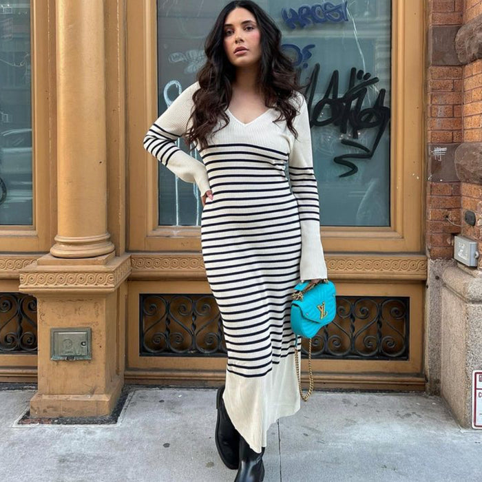 Color-Knitted Dress V Neck Casual Dehaired Angora Covering Yarn Waist Tight Sunken Stripe Slimming Stripes Knitted Dress Women-Fancey Boutique