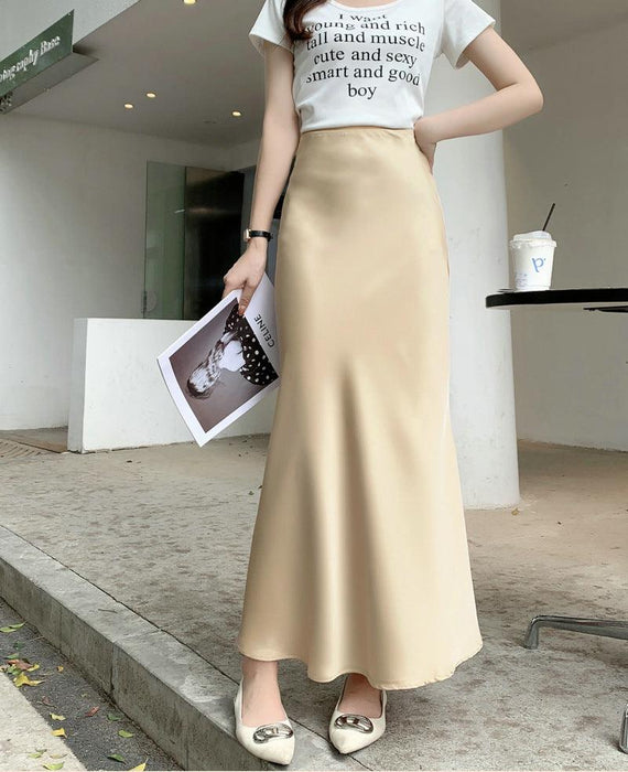 Color-High End Draping Acetate Satin Skirt Women Summer Mid Length Fishtail Skirt High Waist Slimming Hip Skirt-Fancey Boutique