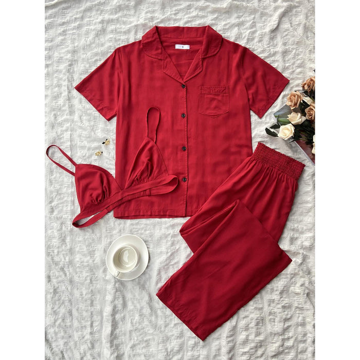 Color-Pajamas Women Spring Autumn Short Sleeve Cardigan Homewear Three Piece Outer Wear-Fancey Boutique