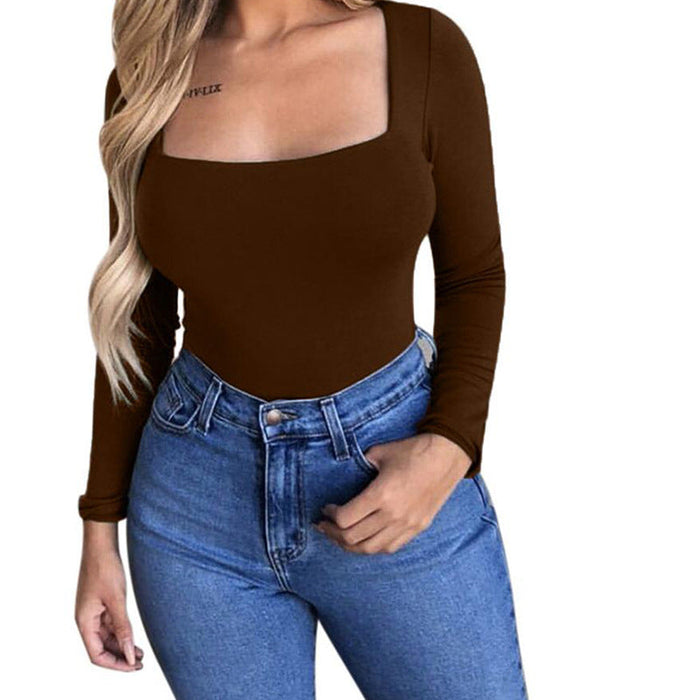 Color-Stretch Slim Sexy Bottoming Long Sleeve Square Neck Casual Bodysuit-Fancey Boutique