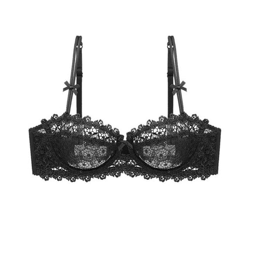 Color-Black-Lace Cutout Embroidered Lace Bow Shoulder Sneaky Design Girl Bra-Fancey Boutique